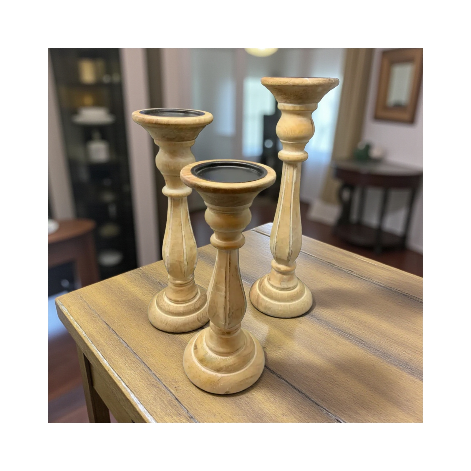 Set of 3 Savannah Candle Holders-Bleached Wood